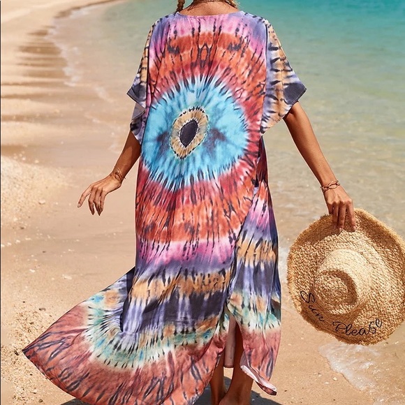 Boho Eye Tie Dye OverSized Maxi Beach Kaftan Dress Beach Coverup - Picture 1 of 6